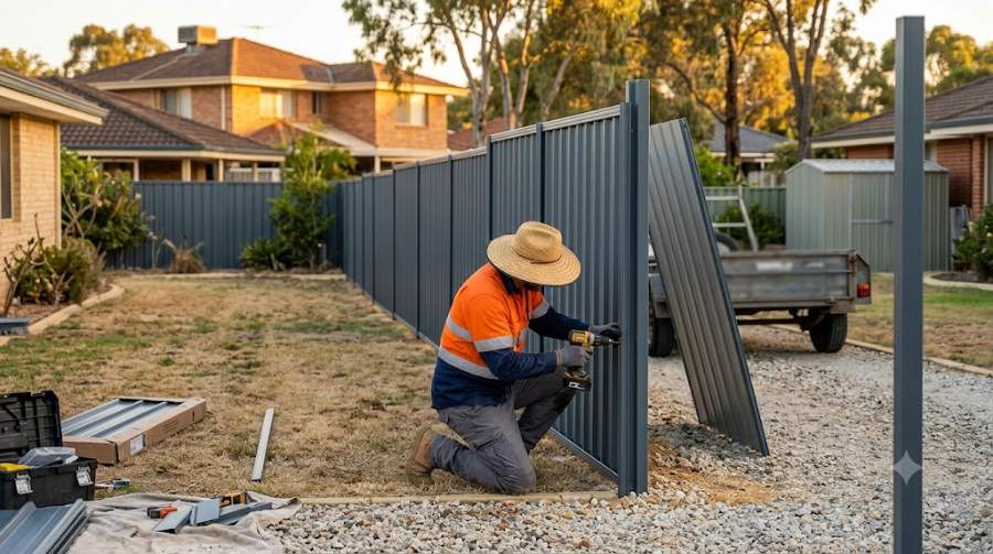 Fencing contractor installing a grey Colorbond steel boundary fence in a suburban Perth backyard, generic illustrative scene