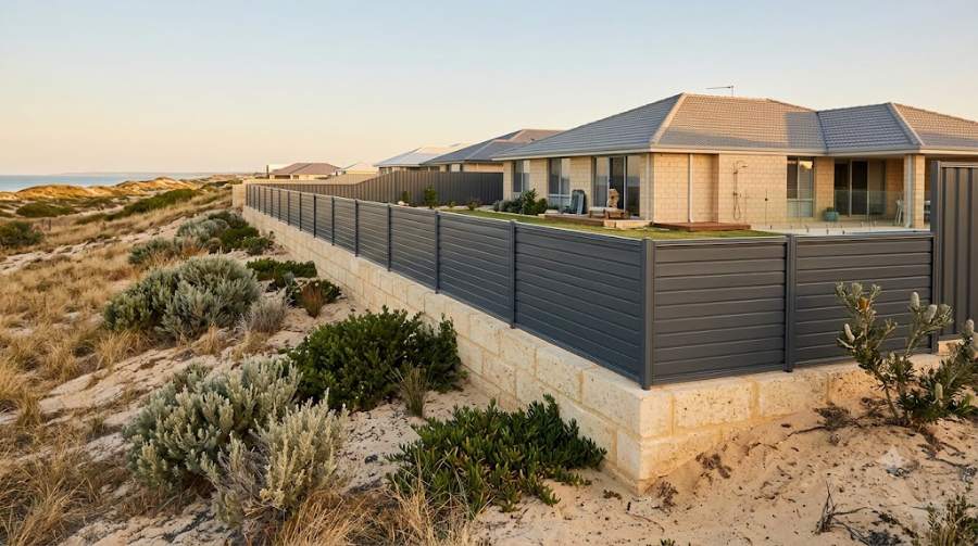 Completed grey Colorbond boundary fence along a coastal Perth property with a limestone retaining wall, generic illustrative scene