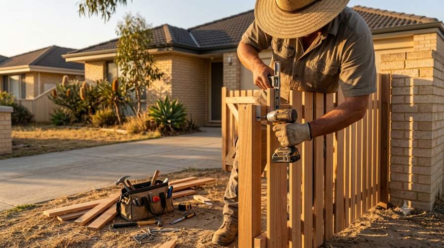 Carpenter fitting hardwood timber palings to a new front fence and gate, generic illustrative scene