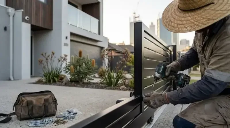 Fencing installer fitting a black powder-coated aluminium slat fence and sliding driveway gate at the frontage of a modern inner-Perth townhouse, generic illustrative scene