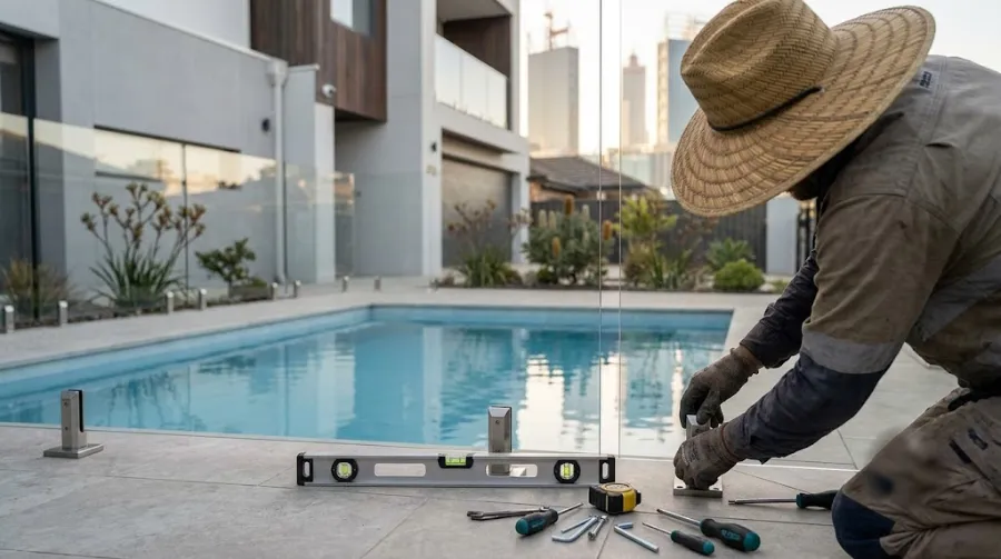 Fencing installer fitting frameless glass pool safety fencing around a backyard pool at an inner-Perth home, generic illustrative scene