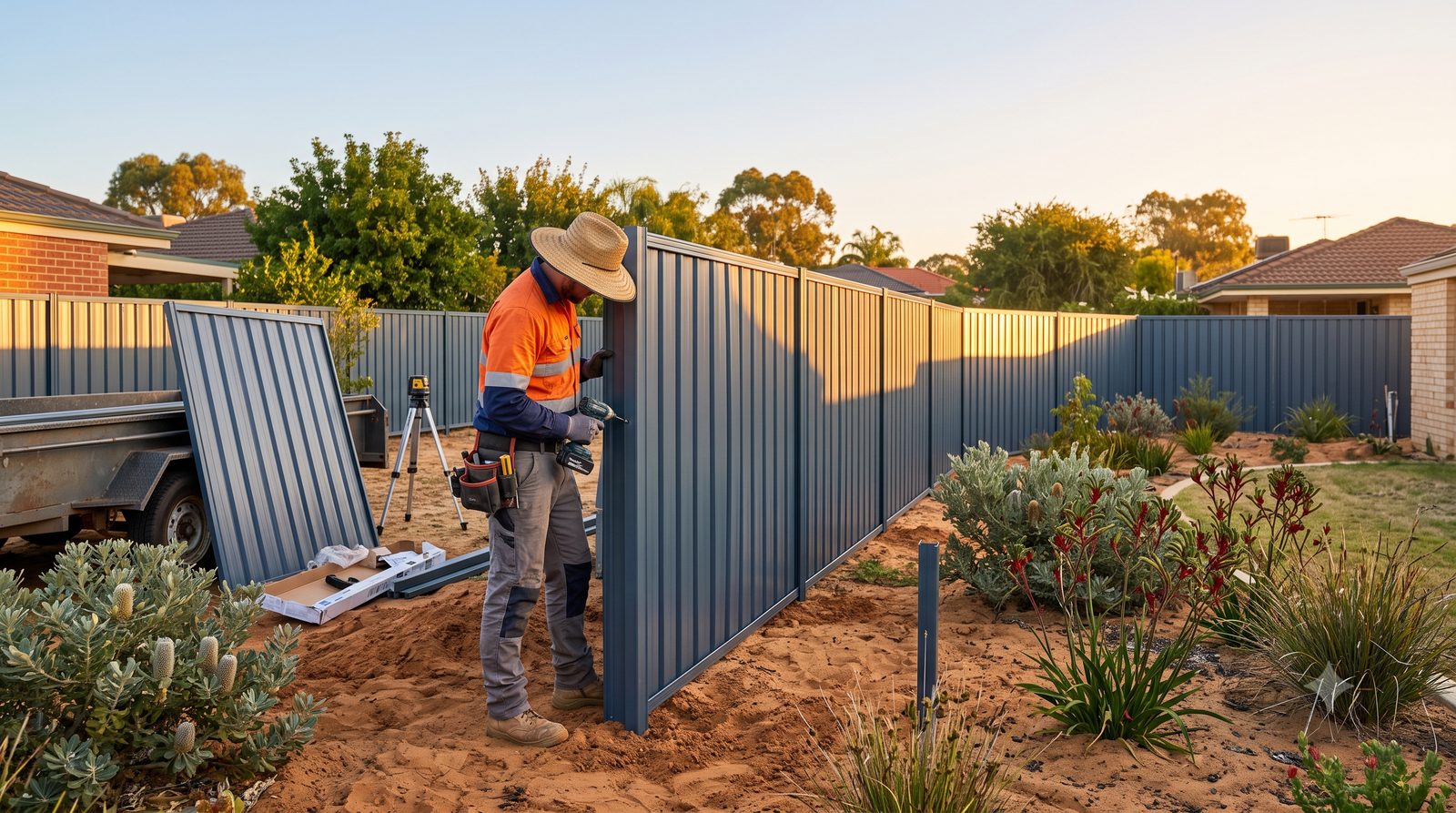 Tradesperson installing a Colorbond steel boundary fence in a Perth backyard, representative image