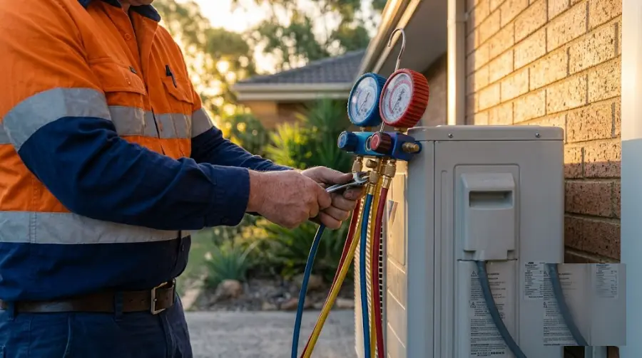 Technician connecting refrigerant gauges to an air conditioner - representative image