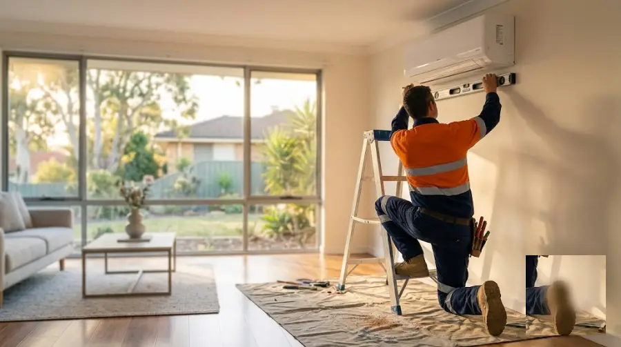 Technician installing a wall-mounted split-system indoor unit - representative image