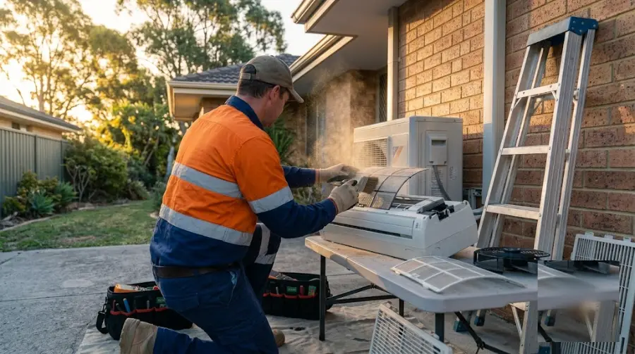 Technician cleaning a split-system air conditioner filter - representative image