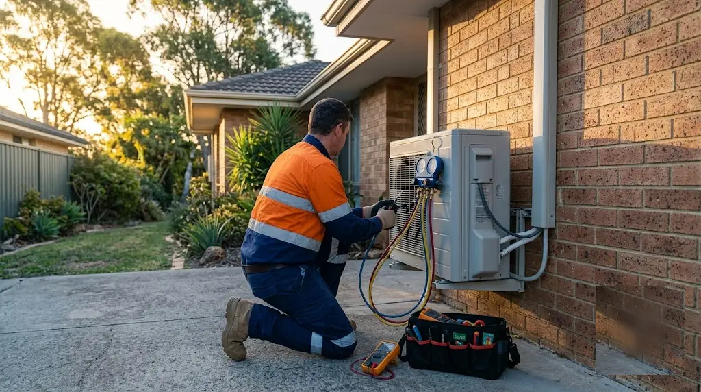 Technician servicing a split-system air conditioner outdoor unit - representative image, not a photo of a specific listed business