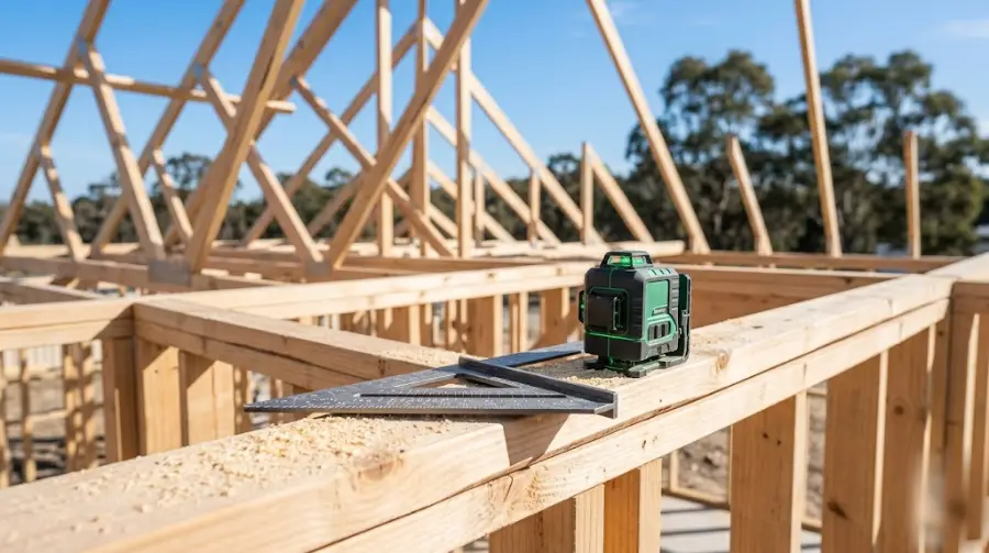 Laser level and framing square on timber wall plates - representative image