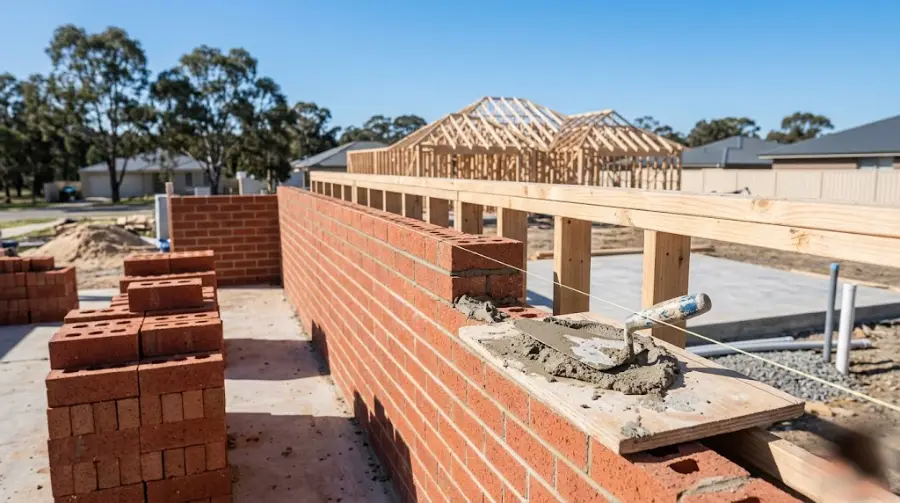 Brick veneer wall in progress with trowel and string line - representative image