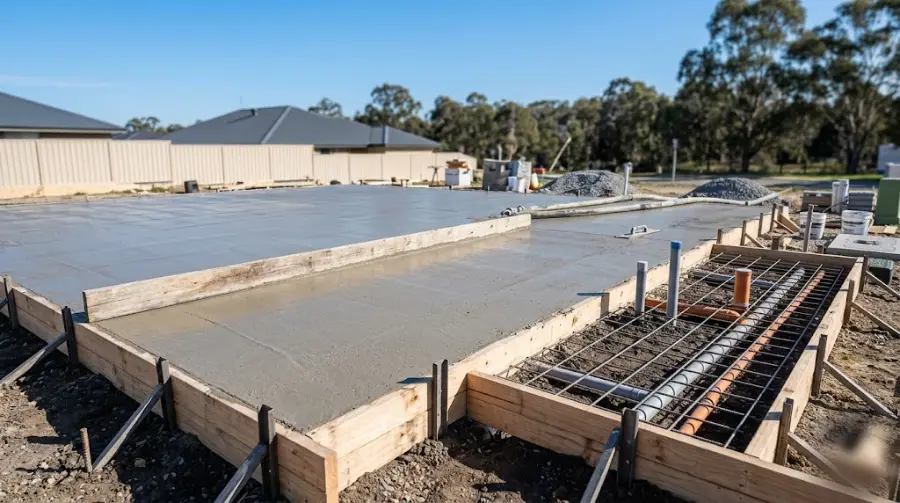 Concrete house slab with formwork and reinforcing mesh - representative image