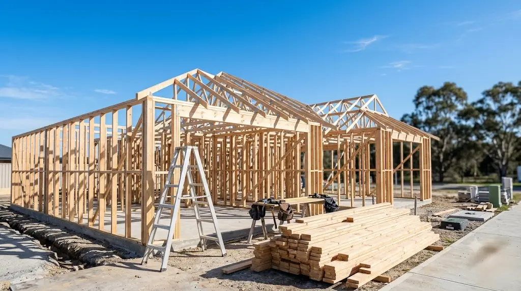 Timber frame of a new Australian home under construction - representative image