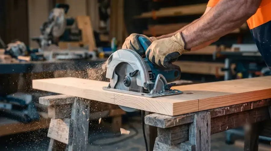 Carpenter cutting a pine board with a circular saw - representative image