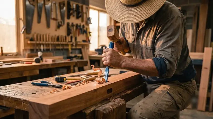 Carpenter chiselling a joint into a hardwood beam - representative image