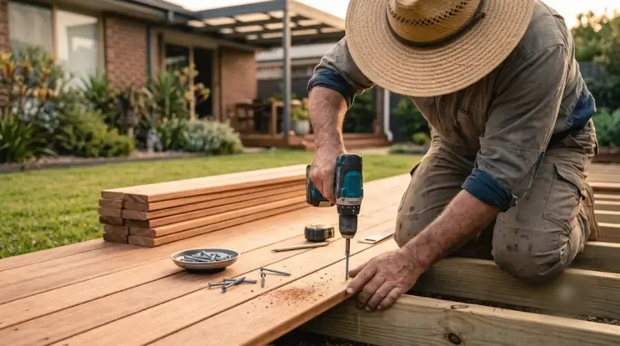 Carpenter installing timber decking boards - representative image