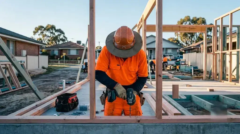 Carpenter assembling a timber wall frame on a suburban building site - representative image, not a photo of a specific listed business