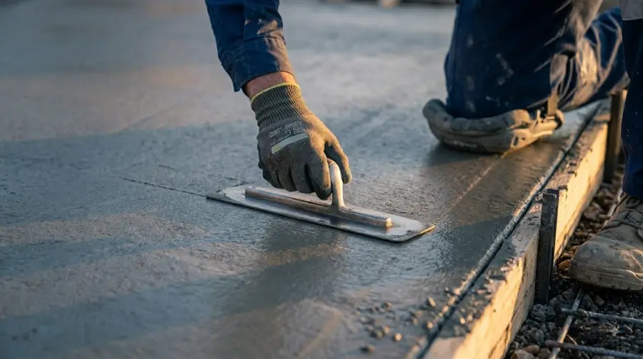 Concreter finishing a wet slab with a steel trowel - representative image