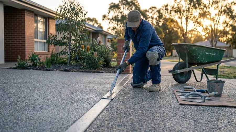 Concreter edging a fresh exposed aggregate driveway - representative image