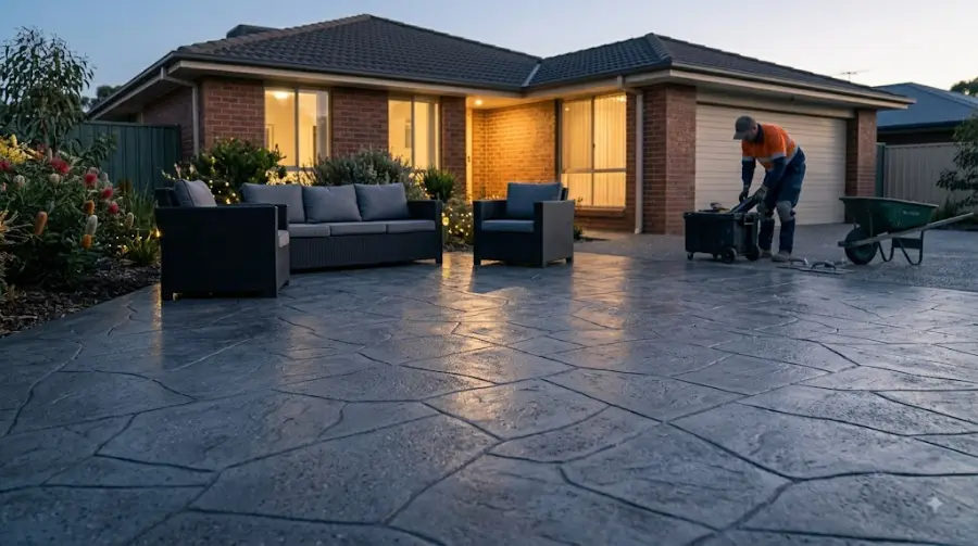 Finished stamped concrete patio at dusk - representative image