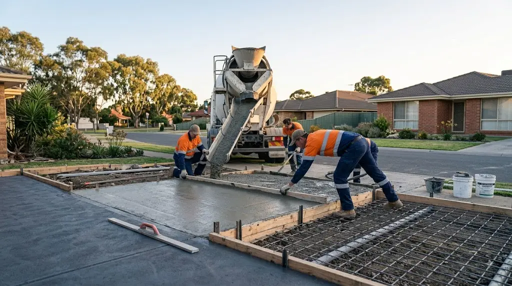 Concreting crew pouring and screeding a residential driveway slab