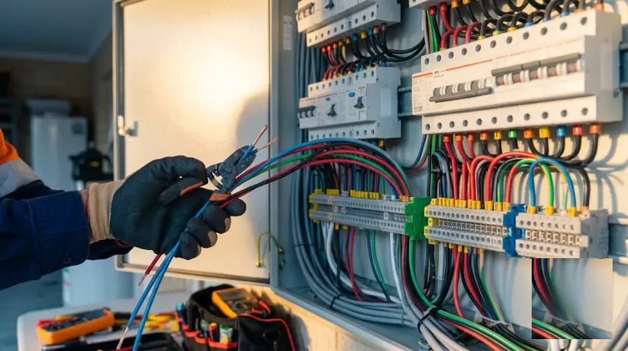 Electrician connecting colour-coded wires in a switchboard - representative image