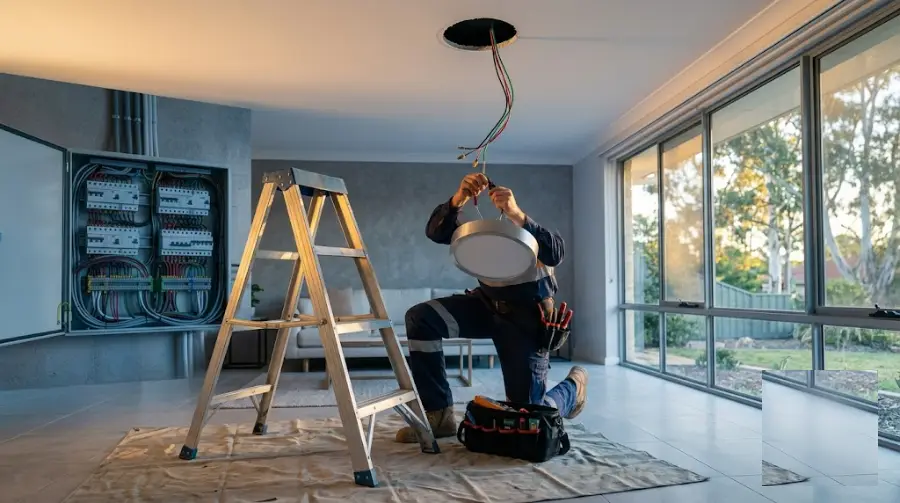 Electrician installing a ceiling light fixture - representative image