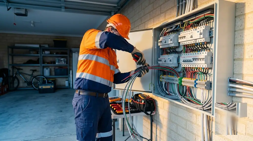 Electrician installing wiring in a residential switchboard - representative image, not a photo of a specific listed business