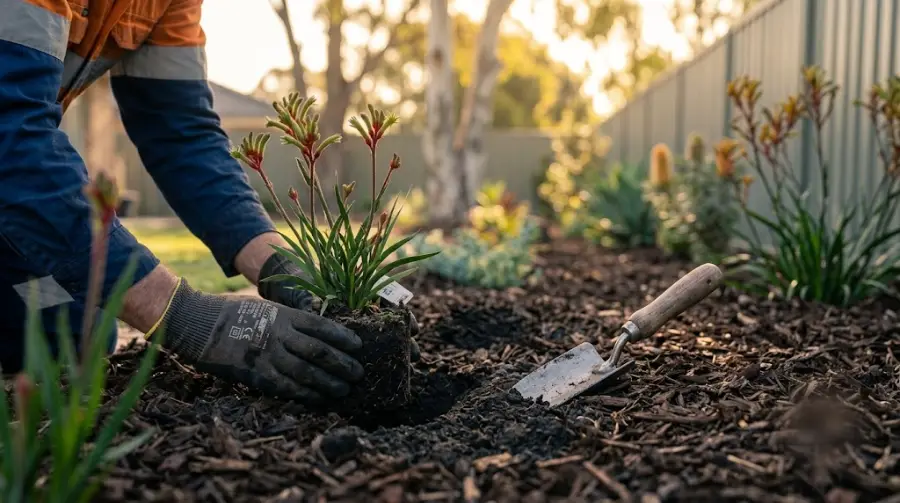 Gloved hands planting a native shrub into a garden bed - representative image