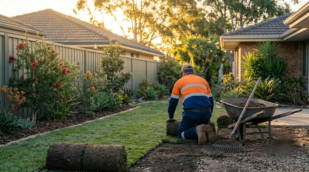 Landscaper laying fresh turf rolls in a suburban backyard - representative image