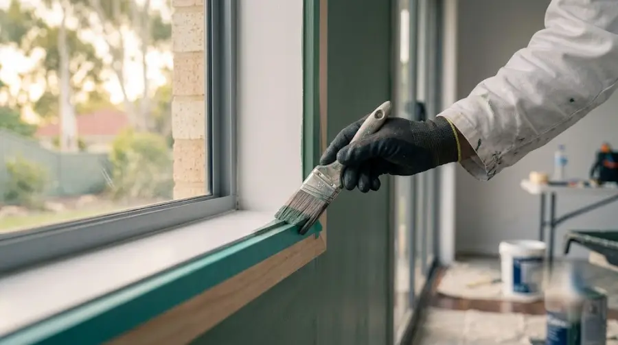 Close-up of a painter cutting in along window trim with a sash brush - representative image