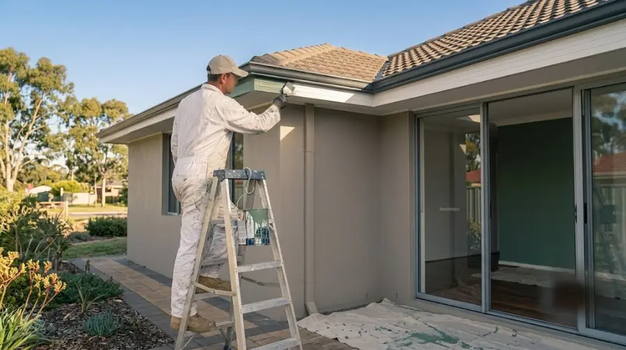 Painter on a ladder painting the eaves of a rendered house exterior - representative image