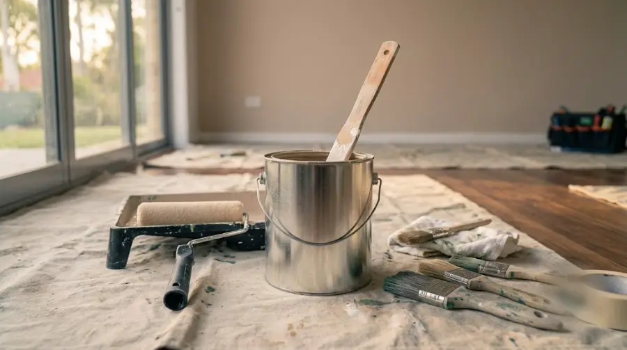 Paint tin being stirred beside a roller tray on a drop sheet - representative image