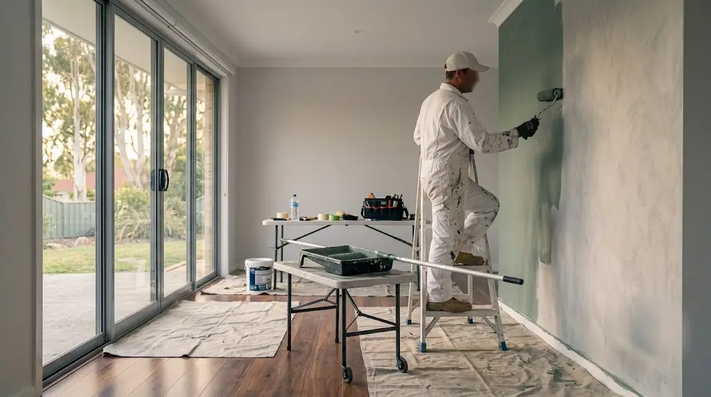 Painter rolling paint onto an interior feature wall - representative image