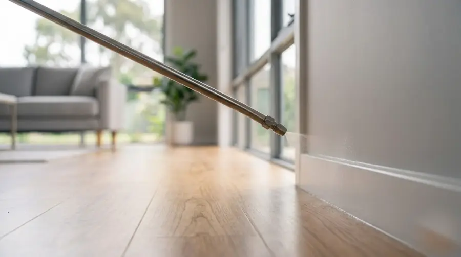 Pest control spray wand treating interior skirting boards - representative image