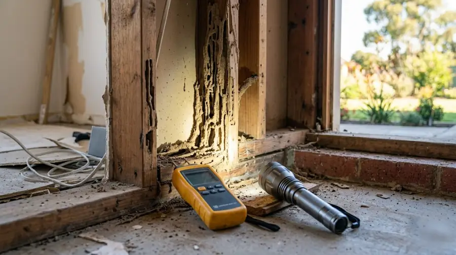 Termite inspection tools beside damaged timber framing - representative image