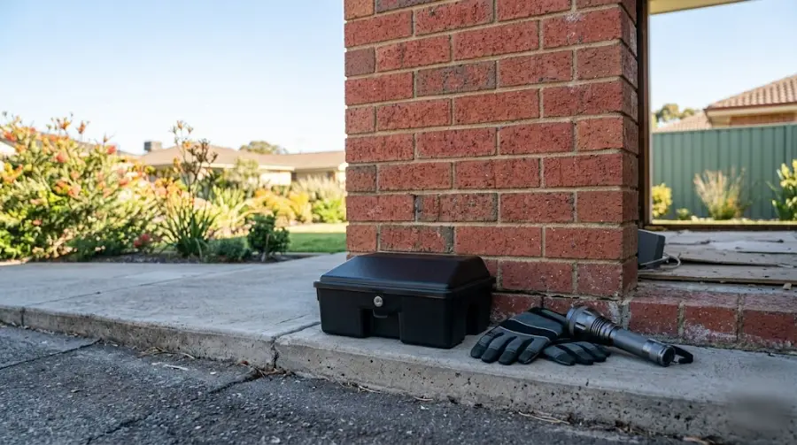 Lockable rodent bait station beside a garage wall - representative image