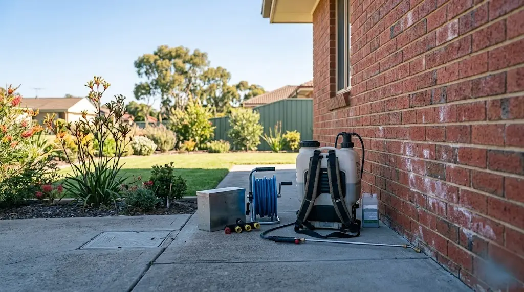 Pest control spray equipment beside the brick wall of an Australian home - representative image