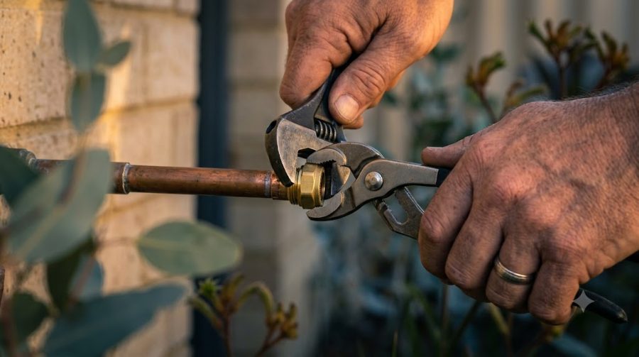 Generic illustrative scene of a plumber fixing a tap, representative image only