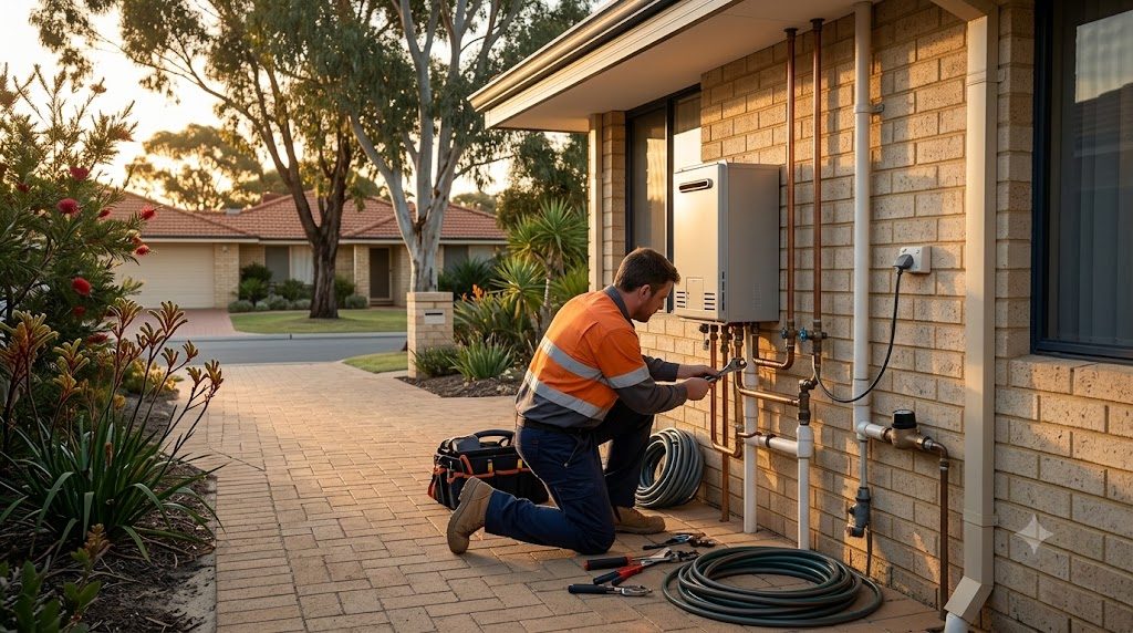 Generic illustrative scene of a plumber working on pipework in a Perth home, representative image only