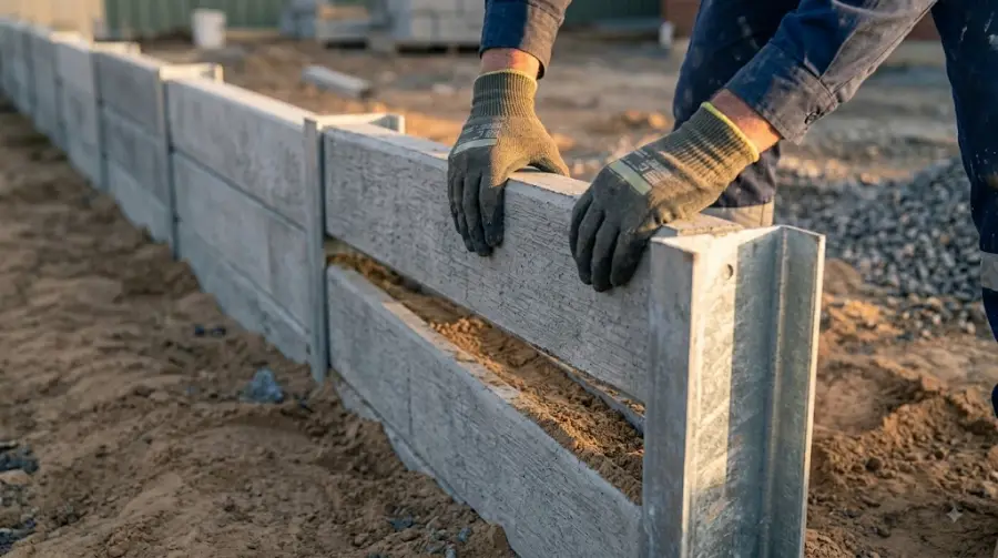 Concrete sleeper being lowered into a steel H-beam channel - representative image