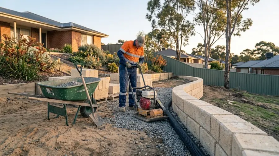 Compacting gravel backfill and drainage behind a retaining wall - representative image