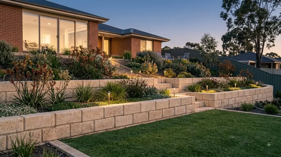 Finished terraced limestone retaining wall garden at dusk - representative image