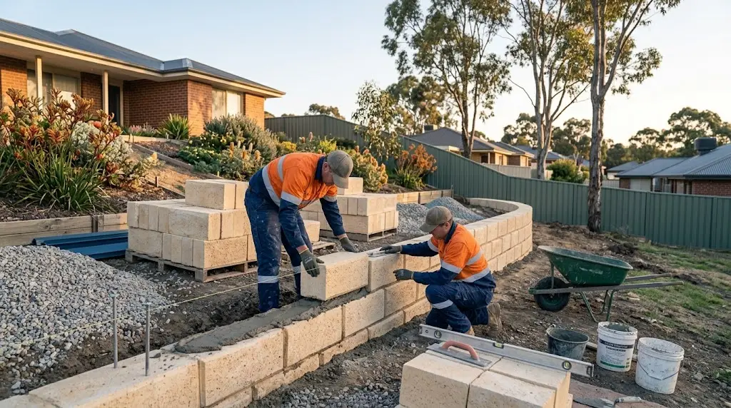Workers building a limestone block retaining wall on a sloped backyard