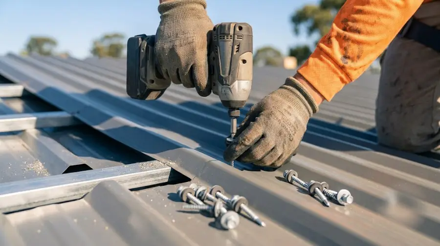 Gloved hands fastening corrugated steel roofing with an impact driver - representative image