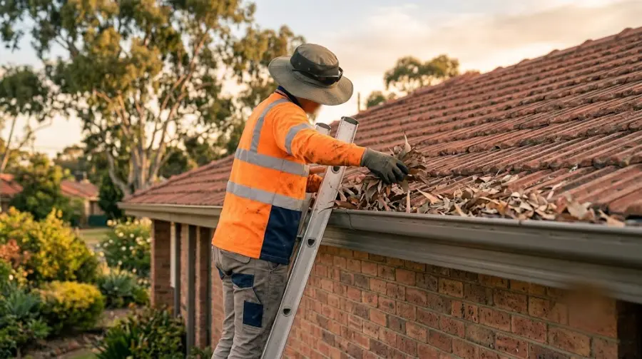 Roofer on a ladder clearing leaves from a gutter - representative image