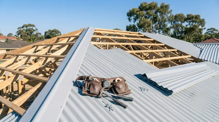 New corrugated steel roof sheets partly installed on a house frame - representative image