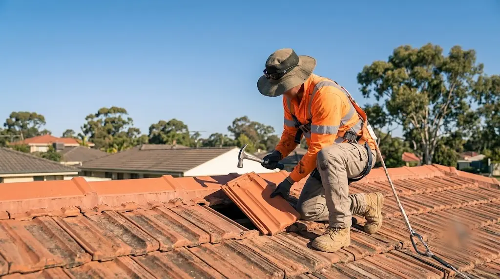 Roofer replacing a tile on a pitched terracotta roof - representative image