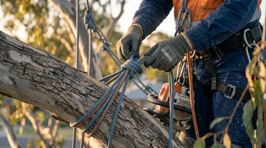 Arborist tying a rigging rope around a tree limb - representative image