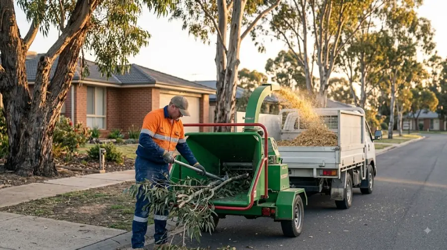Worker feeding branches into a wood chipper - representative image