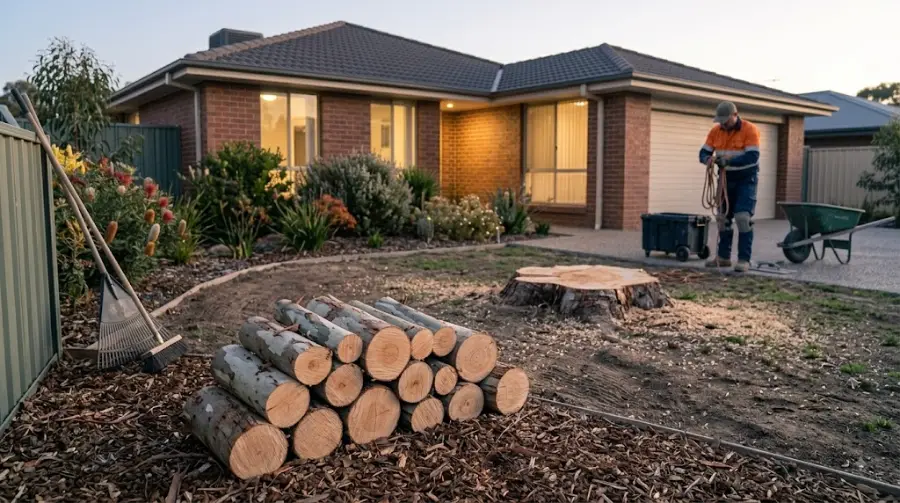 Stacked logs and tidy garden after tree removal - representative image