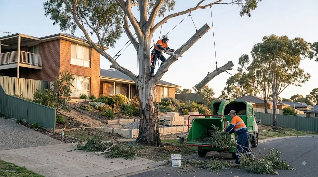 Arborist in harness removing a limb from a eucalyptus tree with rigging